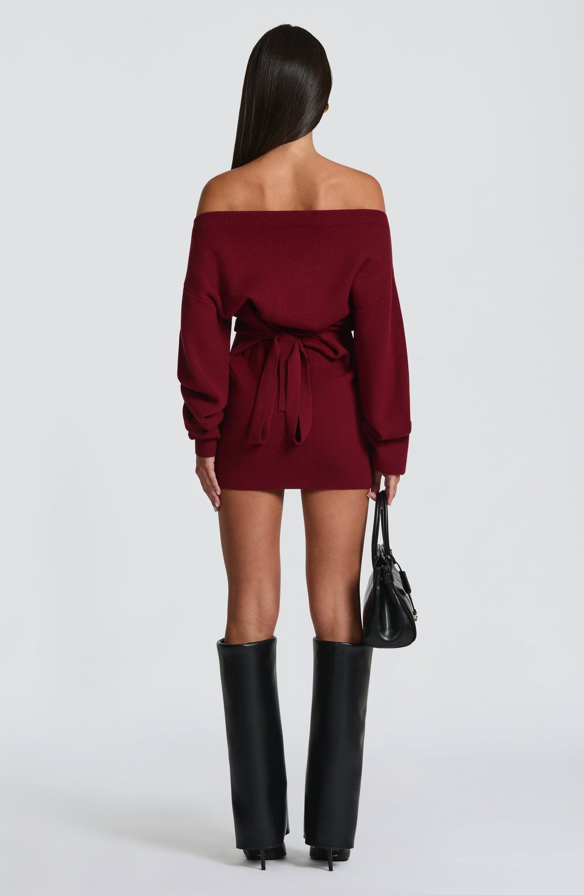 Burgundy ribbed knit off shoulder sweater mini dress with long dolman sleeves - view 4