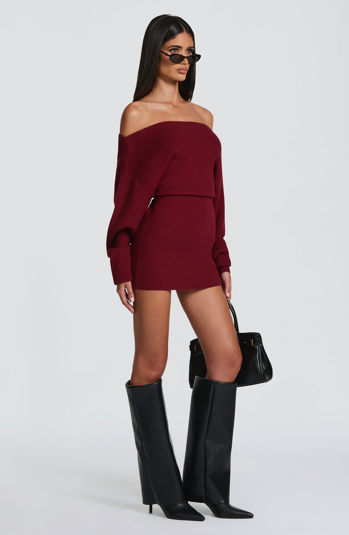 Burgundy ribbed knit off shoulder sweater mini dress with long dolman sleeves - view 5