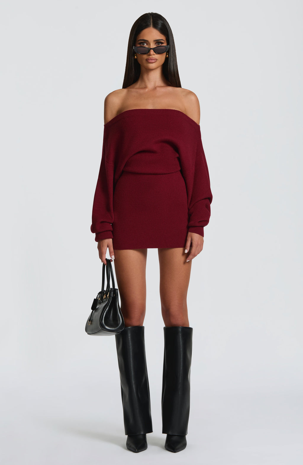 Burgundy ribbed knit off shoulder sweater mini dress with long dolman sleeves - view 6