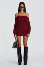 Burgundy ribbed knit off shoulder sweater mini dress with long dolman sleeves - view 6
