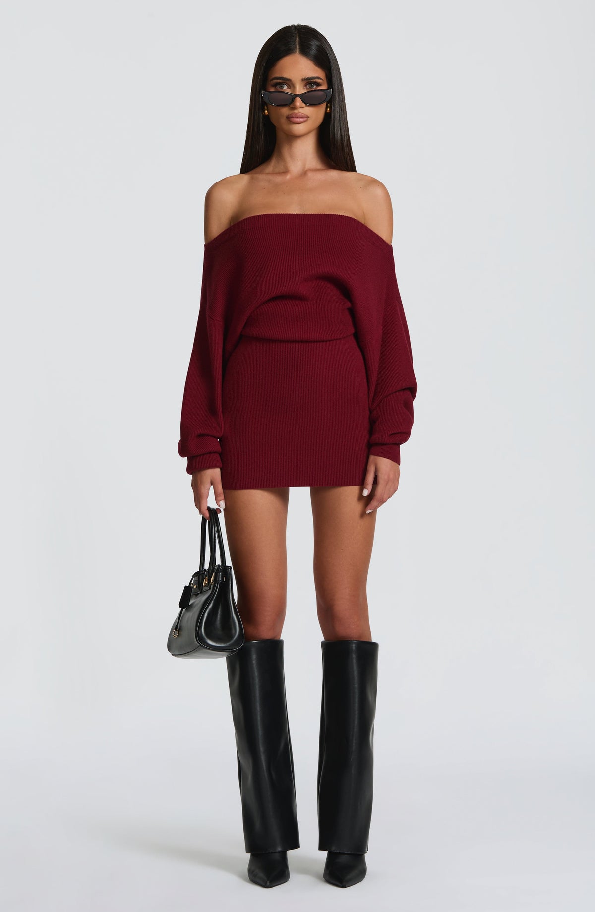Burgundy ribbed knit off shoulder sweater mini dress with long dolman sleeves - view 6