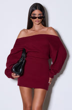 Burgundy ribbed knit off shoulder sweater mini dress with long dolman sleeves - view 7