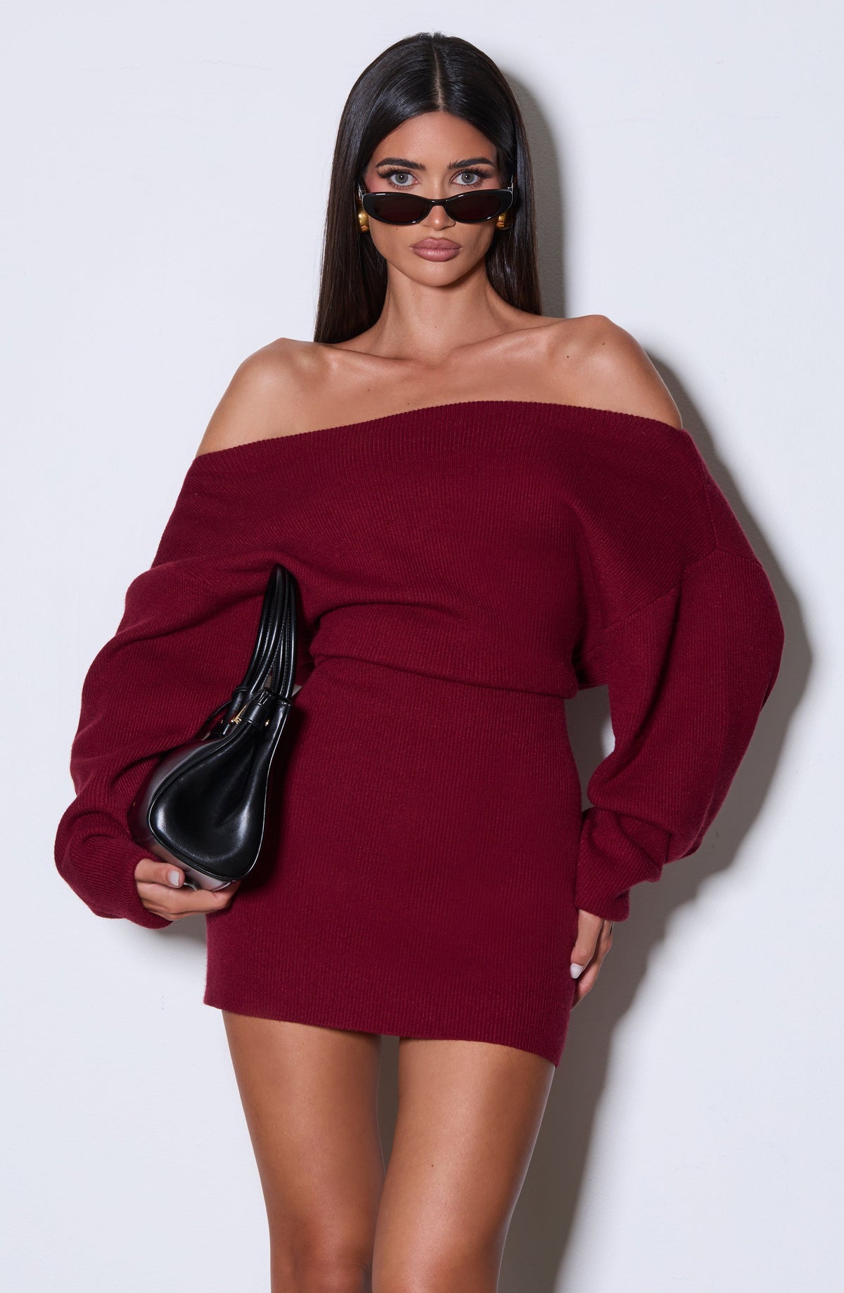 Burgundy ribbed knit off shoulder sweater mini dress with long dolman sleeves - view 7