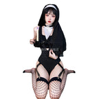 Sexy nun Halloween costume with black bodysuit, white collar, choker and veil - view 5