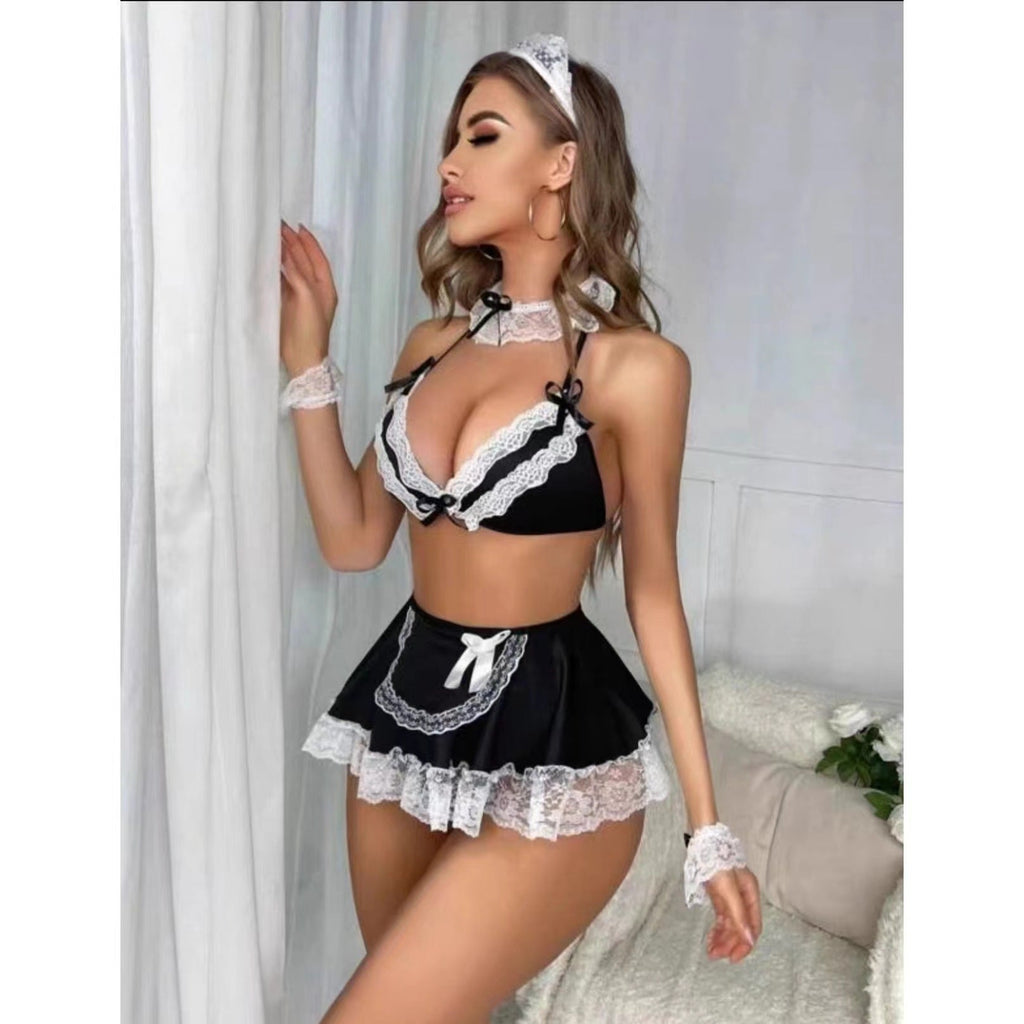 Women's black and white lace-trimmed maid Halloween costume set with halter top and apron mini skirt