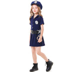 Girls navy police costume dress with badge cap, black belt and toy handcuffs