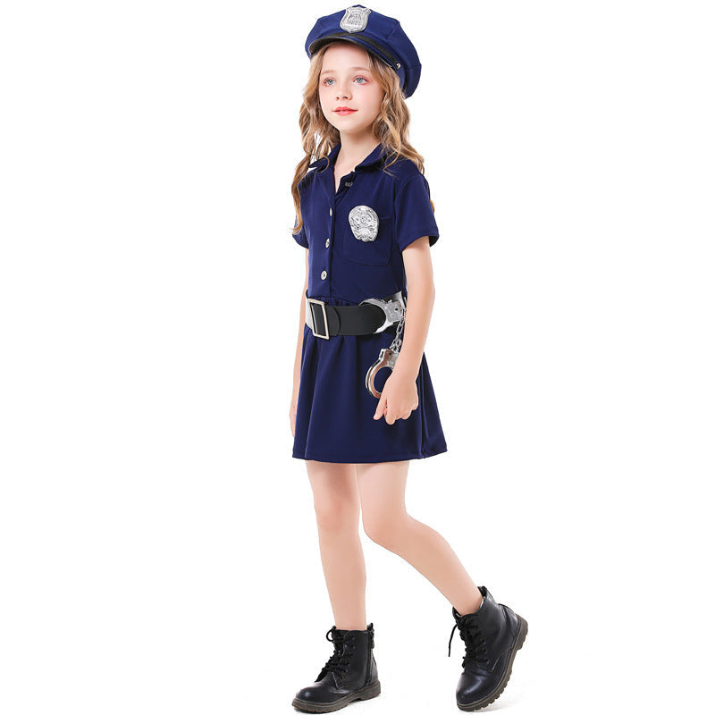 Girls navy police costume dress with badge cap, black belt and toy handcuffs