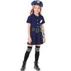 Girls navy police costume dress with badge cap, black belt and toy handcuffs - view 2