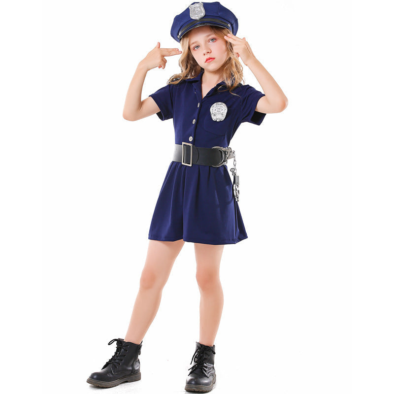 Girls navy police costume dress with badge cap, black belt and toy handcuffs - view 3