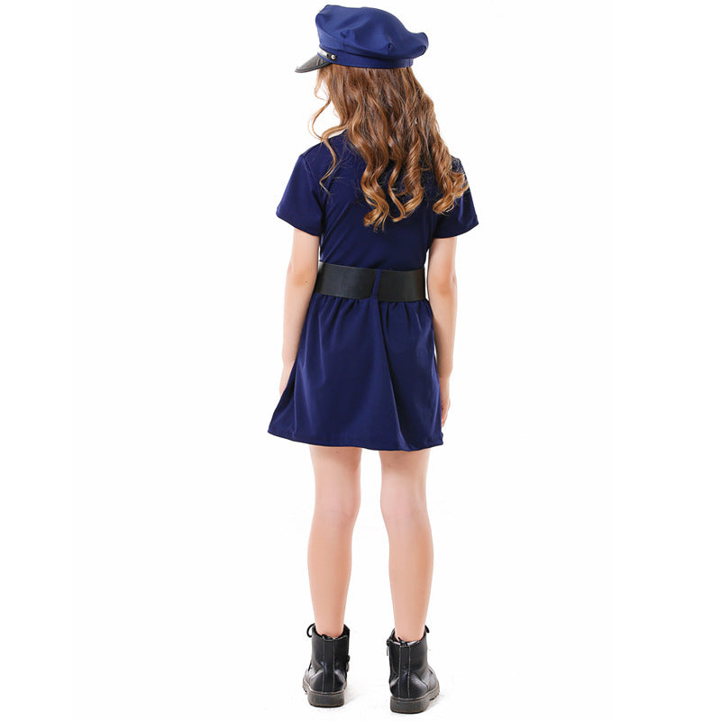 Girls navy police costume dress with badge cap, black belt and toy handcuffs - view 4