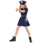 Girls navy police costume dress with badge cap, black belt and toy handcuffs - view 5
