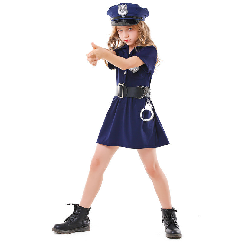 Girls navy police costume dress with badge cap, black belt and toy handcuffs - view 5