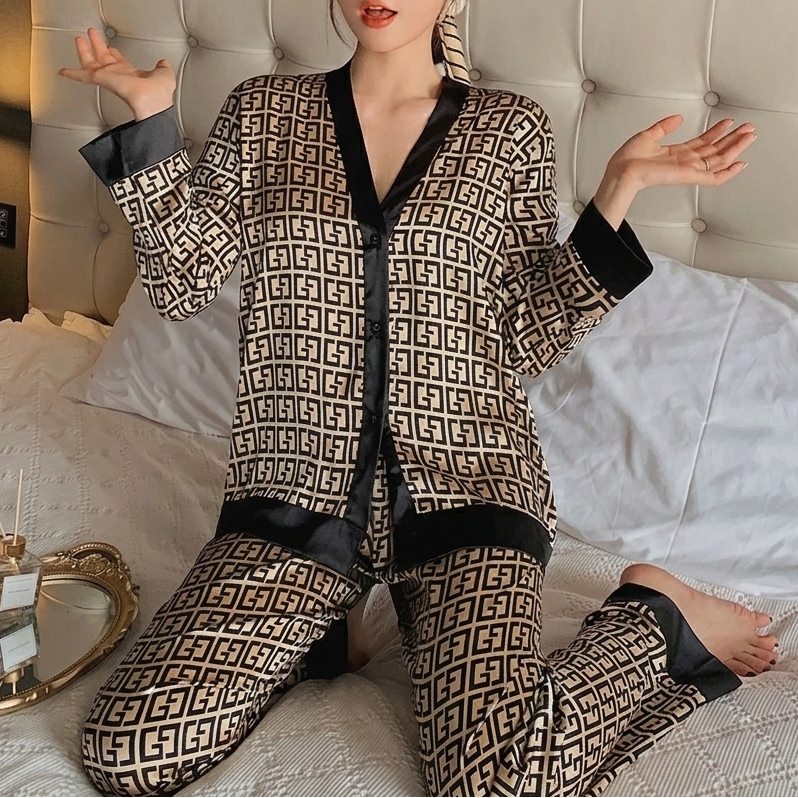 Women's geometric print satin pajama set with black contrast trim, V-neck button top and long sleeves - view 3