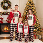 Matching Christmas pajamas with cream and red reindeer tee and plaid pants