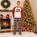 Matching Christmas pajamas with cream and red reindeer tee and plaid pants - view 2
