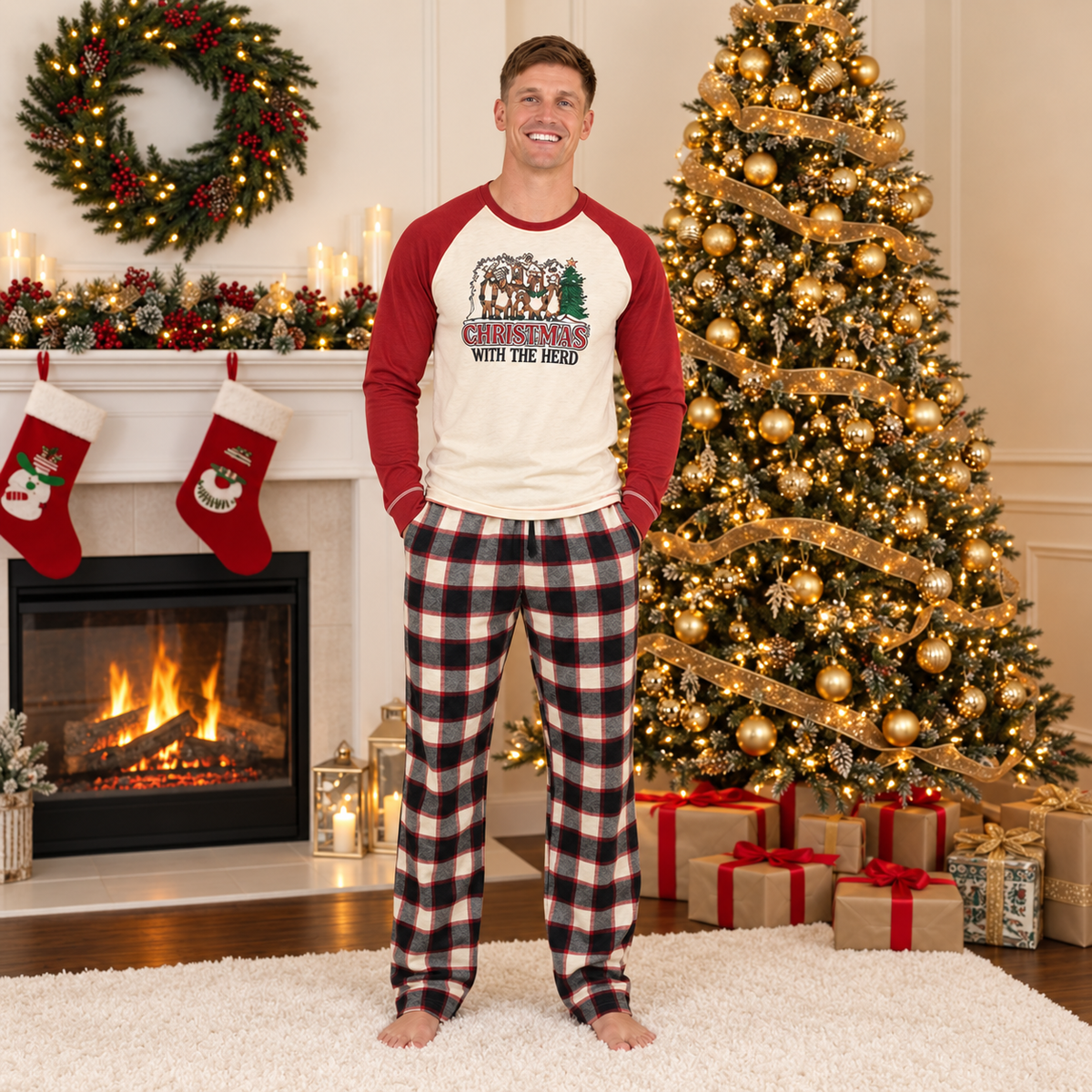 Matching Christmas pajamas with cream and red reindeer tee and plaid pants - view 2