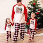 Matching Christmas pajamas with cream and red reindeer tee and plaid pants - view 6