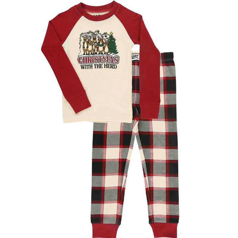 Matching Christmas pajamas with cream and red reindeer tee and plaid pants - view 8