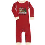 Matching Christmas pajamas with cream and red reindeer tee and plaid pants - view 9
