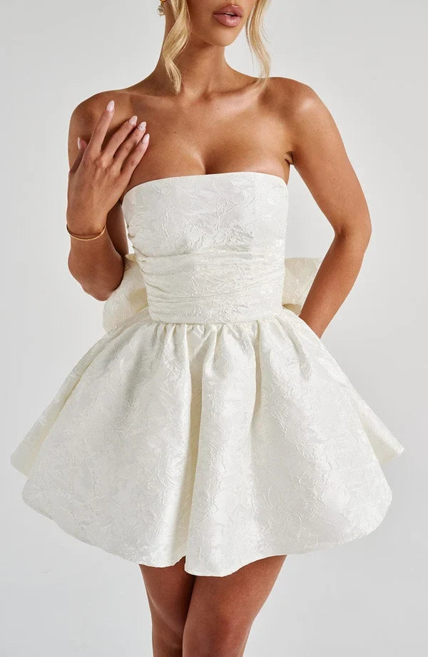 Strapless pink floral jacquard homecoming mini dress with oversized back bow and lace-up corset back - view 10