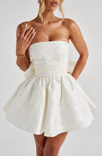Strapless pink floral jacquard homecoming mini dress with oversized back bow and lace-up corset back - view 10