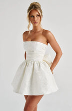 Strapless pink floral jacquard homecoming mini dress with oversized back bow and lace-up corset back - view 11