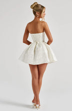 Strapless pink floral jacquard homecoming mini dress with oversized back bow and lace-up corset back - view 12