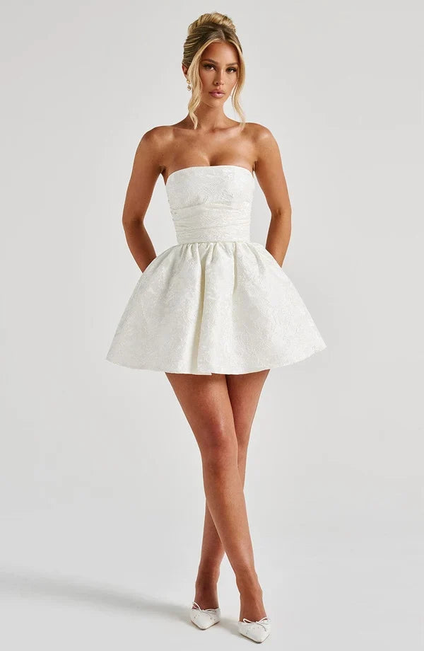 Strapless pink floral jacquard homecoming mini dress with oversized back bow and lace-up corset back - view 13