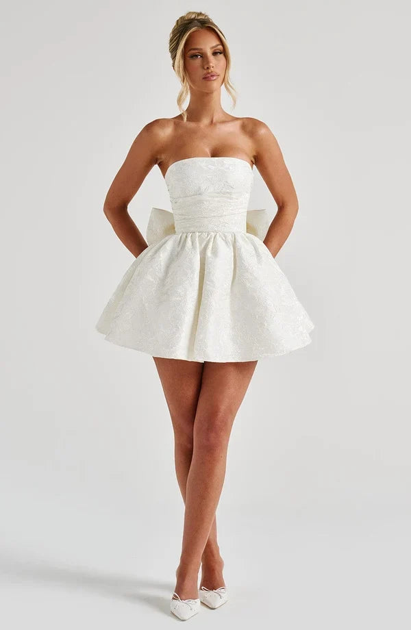 Strapless pink floral jacquard homecoming mini dress with oversized back bow and lace-up corset back - view 14