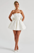 Strapless pink floral jacquard homecoming mini dress with oversized back bow and lace-up corset back - view 14