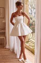 Strapless pink floral jacquard homecoming mini dress with oversized back bow and lace-up corset back - view 16