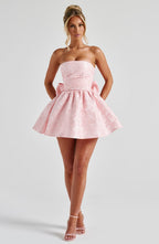 Strapless pink floral jacquard homecoming mini dress with oversized back bow and lace-up corset back - view 2