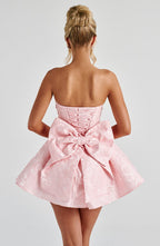 Strapless pink floral jacquard homecoming mini dress with oversized back bow and lace-up corset back - view 3
