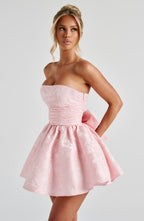 Strapless pink floral jacquard homecoming mini dress with oversized back bow and lace-up corset back - view 5