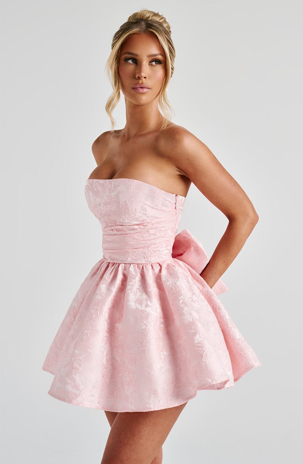 Strapless pink floral jacquard homecoming mini dress with oversized back bow and lace-up corset back - view 5