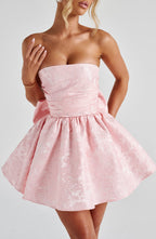 Strapless pink floral jacquard homecoming mini dress with oversized back bow and lace-up corset back - view 6