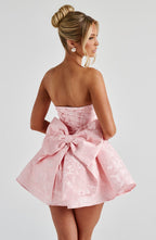 Strapless pink floral jacquard homecoming mini dress with oversized back bow and lace-up corset back - view 7