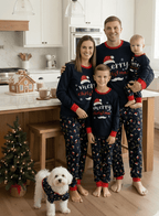 Matching family Christmas pajamas in navy with a Merry Christmas Santa hat top and holiday print pants