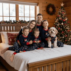 Matching family Christmas pajamas in navy with a Merry Christmas Santa hat top and holiday print pants - view 2