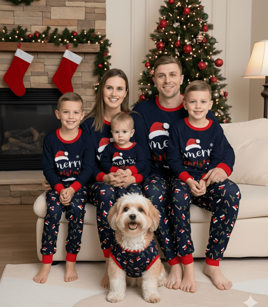 Matching family Christmas pajamas in navy with a Merry Christmas Santa hat top and holiday print pants - view 3