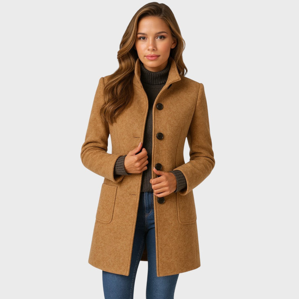 Tailored stand collar long womens coat with button front and patch pockets