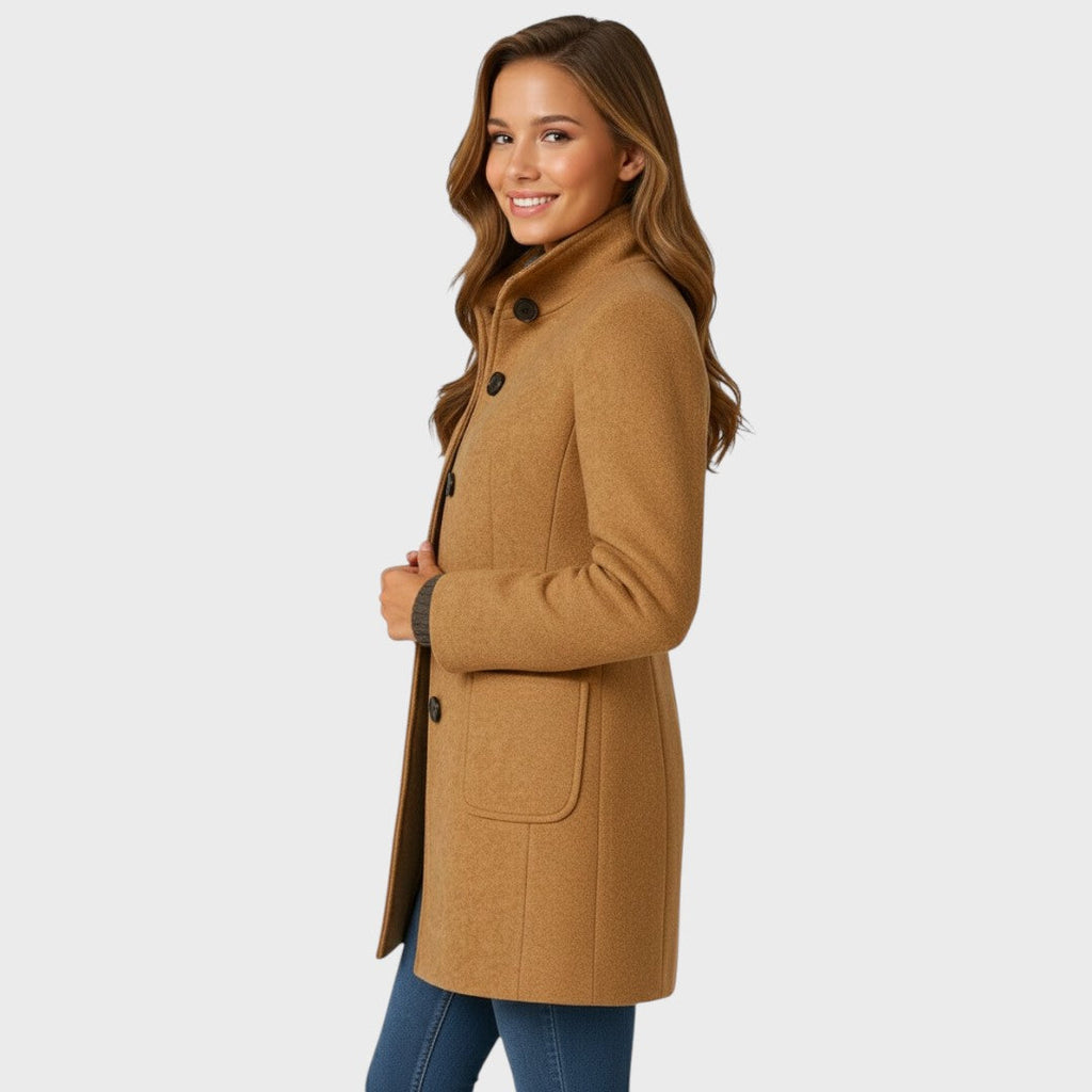 Tailored stand collar long womens coat with button front and patch pockets - view 2
