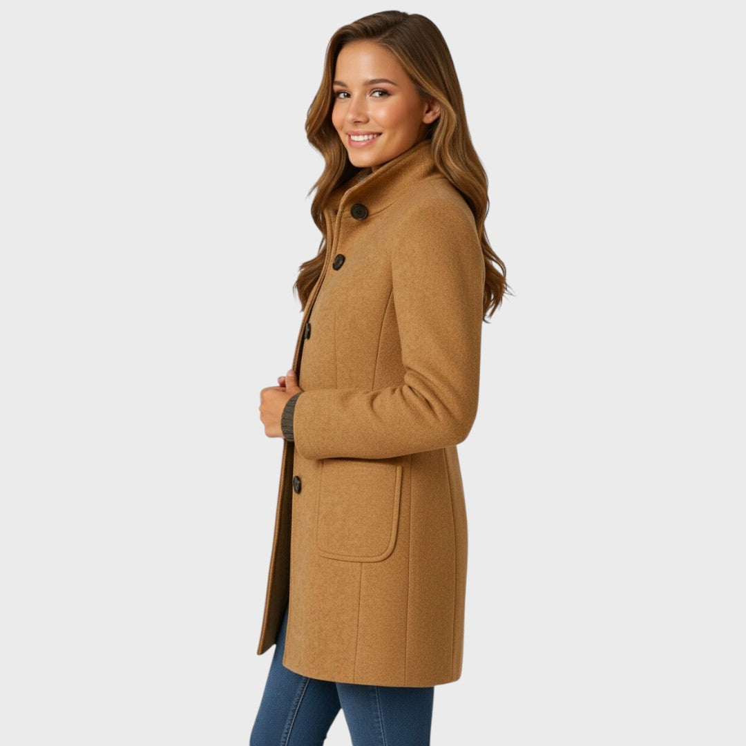 Tailored stand collar long womens coat with button front and patch pockets - view 2