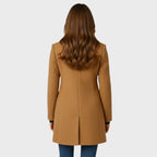 Tailored stand collar long womens coat with button front and patch pockets - view 3