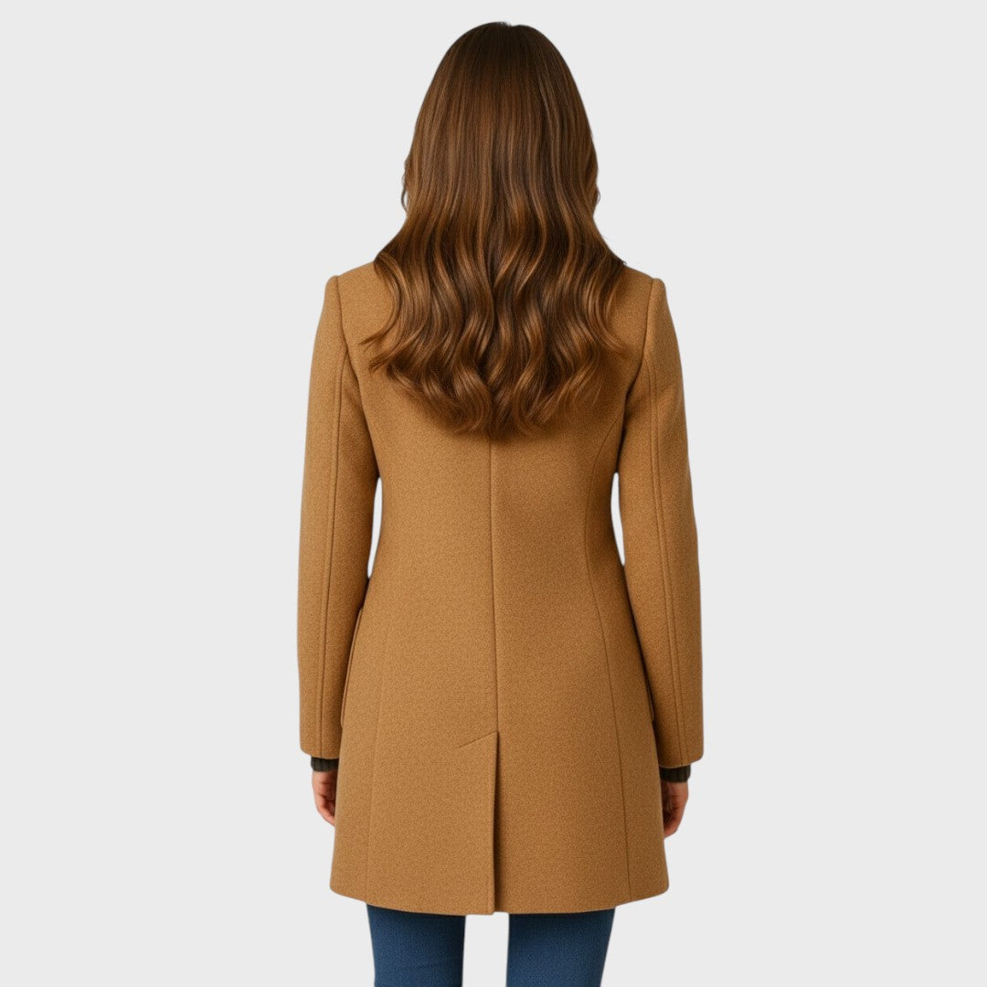 Tailored stand collar long womens coat with button front and patch pockets - view 3