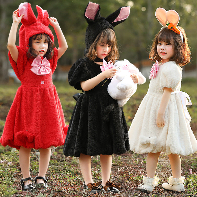 Girls plush hooded bunny costume dress with ears and pink bow