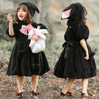 Girls plush hooded bunny costume dress with ears and pink bow - view 2