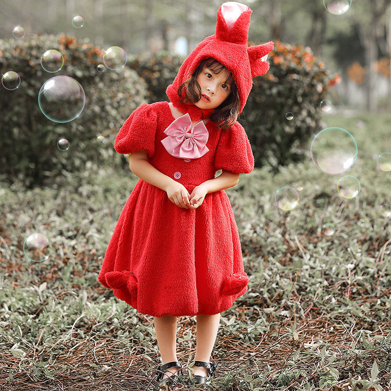 Girls plush hooded bunny costume dress with ears and pink bow - view 3