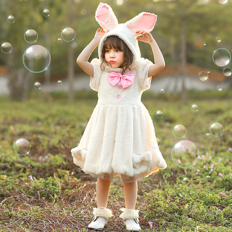 Girls plush hooded bunny costume dress with ears and pink bow - view 4