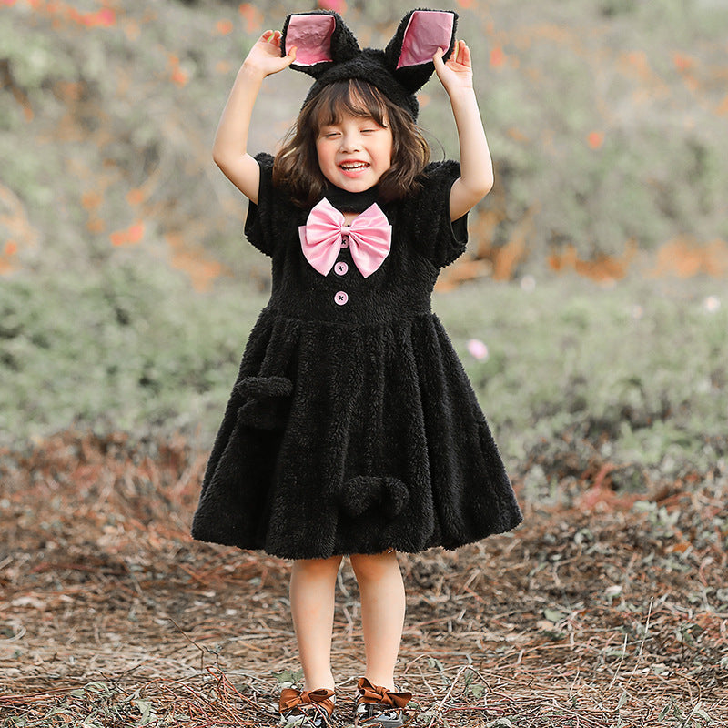 Girls plush hooded bunny costume dress with ears and pink bow - view 5